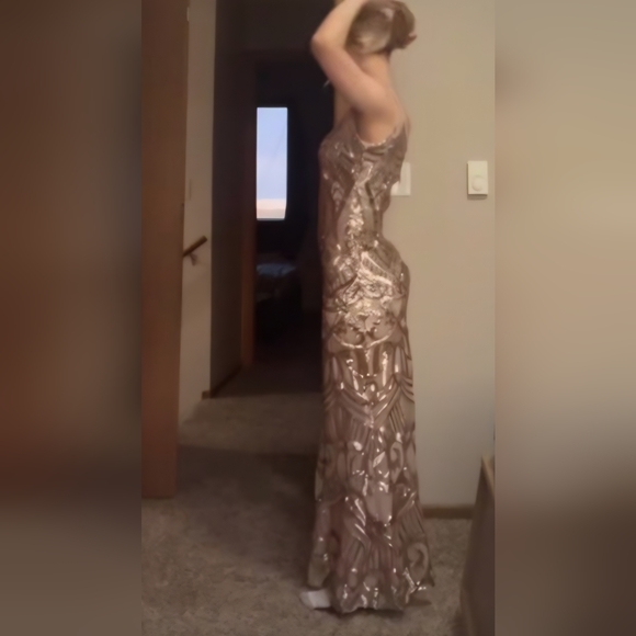 Adrianna Papell Rose Gold Sequin Beaded Maxi Gown - Picture 3 of 4